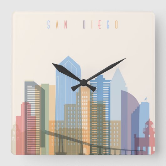 San Diego City Skyline Vierkante Klok (Voorkant)
