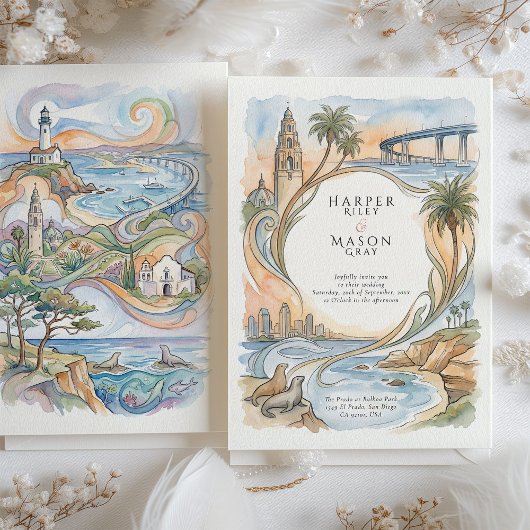 San Diego Coastal Landmarks Watercolor Wedding Kaart