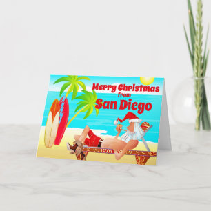 San Diego Kerstmis Santa en Surfboards Beach Feestdagen Kaart