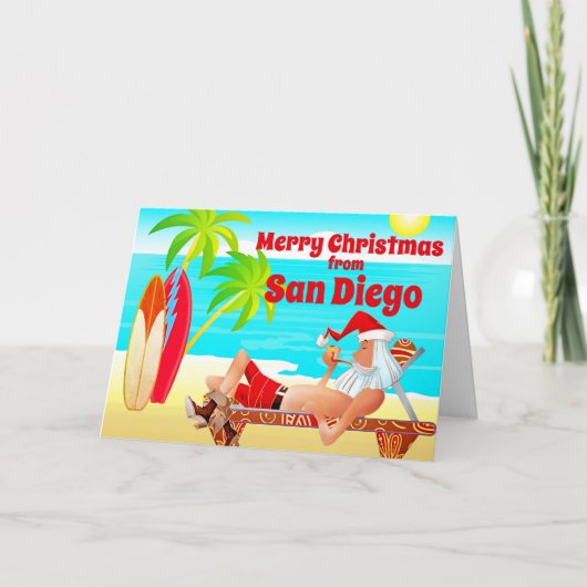 San Diego Kerstmis Santa en Surfboards Beach Feestdagen Kaart (Voorkant)