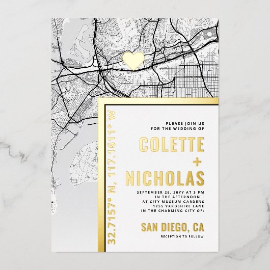San Diego Love Locator | Stad thema bruiloft Folie Uitnodiging (Voorkant)
