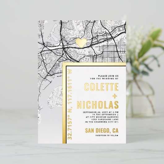San Diego Love Locator | Stad thema bruiloft Folie Uitnodiging (Staand Voorkant)