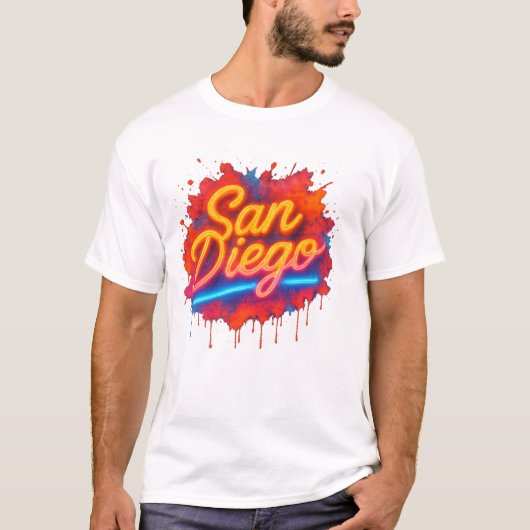 San Diego Neon Street Art – Kleurrijk Retro Script T-shirt (Voorkant)