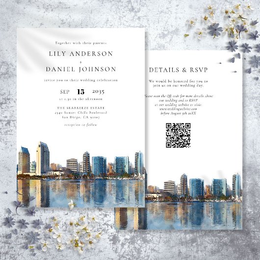 San Diego Silhouette Watercolor QR Code Trouwfeest Kaart