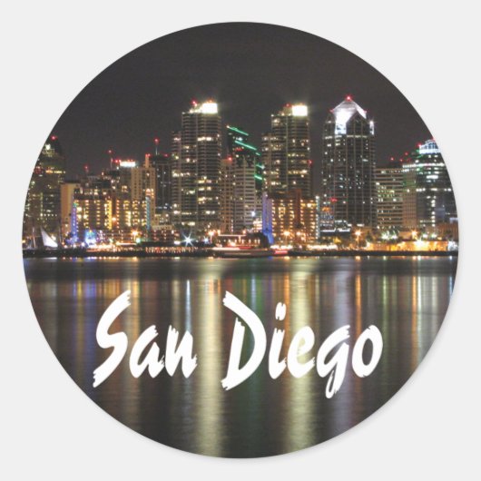 San Diego Skyline 's nachts foto Ronde Sticker (Voorkant)