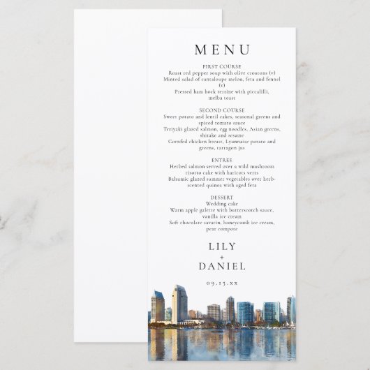 San Diego Skyline Watercolor Destination Wedding Menu (Voorkant / Achterkant)