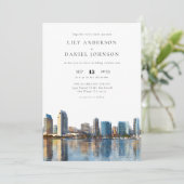 San Diego Skyline Watercolor QR Code Wedding Kaart (Staand voorkant)