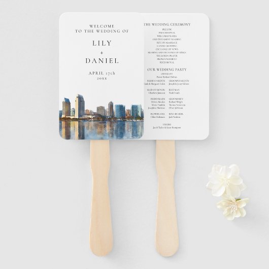 San Diego Skyline Watercolor Wedding Program Handwaaier (Voorkant en achterkant)