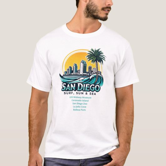 San Diego, "Surven, zon en Zee" T-shirt (Voorkant)