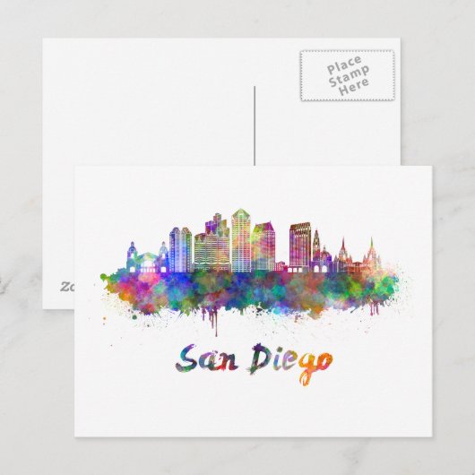 San Diego V2 skyline in waterverf Briefkaart (Voorkant / Achterkant)