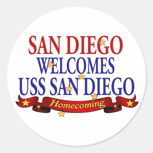 San Diego verwelkomt USS San Diego Ronde Sticker (Voorkant)