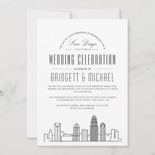 San Diego Wedding | Moderne Deco City Skyline Kaart (Voorkant)