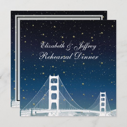 San Fran Skyline Etched Blue Star Rehearsal Dinner Kaart (Voorkant / Achterkant)