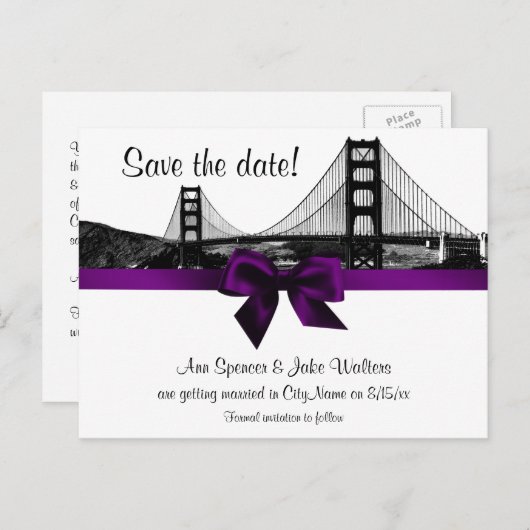 San Fran Skyline Etched BW Paars Save the Date Aankondigingskaart (Voorkant / Achterkant)