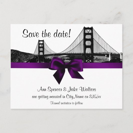 San Fran Skyline Etched BW Paars Save the Date Aankondigingskaart (Voorkant)