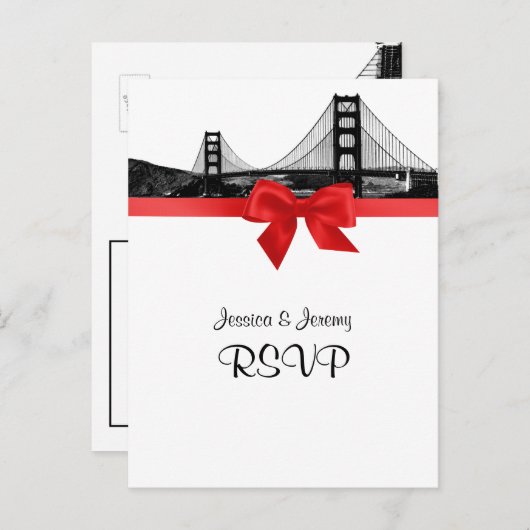 San Fran Skyline Etched BW Red RSVP 1 Uitnodiging Briefkaart (Voorkant / Achterkant)