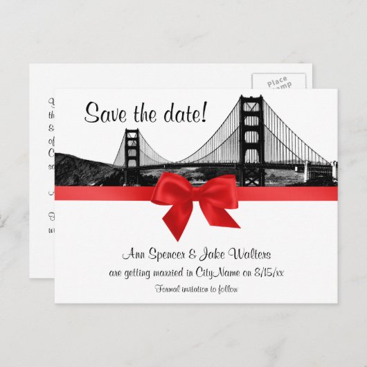 San Fran Skyline Etched BW Red Save the Date Aankondigingskaart (Voorkant / Achterkant)