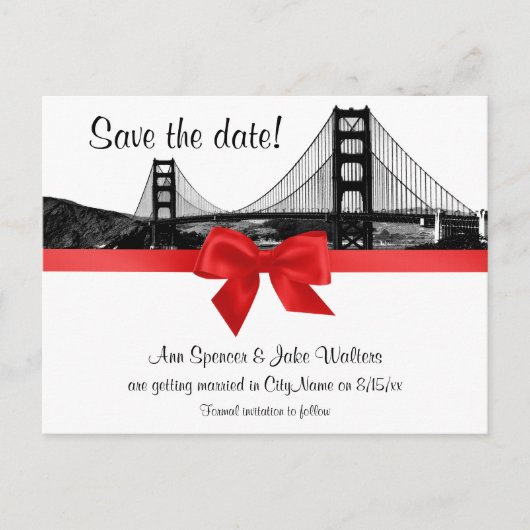 San Fran Skyline Etched BW Red Save the Date Aankondigingskaart (Voorkant)