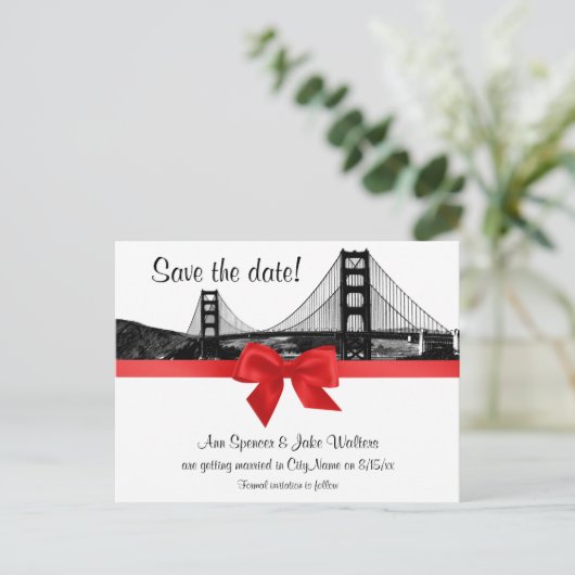 San Fran Skyline Etched BW Red Save the Date Aankondigingskaart (Staand voorkant)