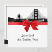 San Fran Skyline Etched BW Red SQ Birthday Party Kaart (Voorkant / Achterkant)