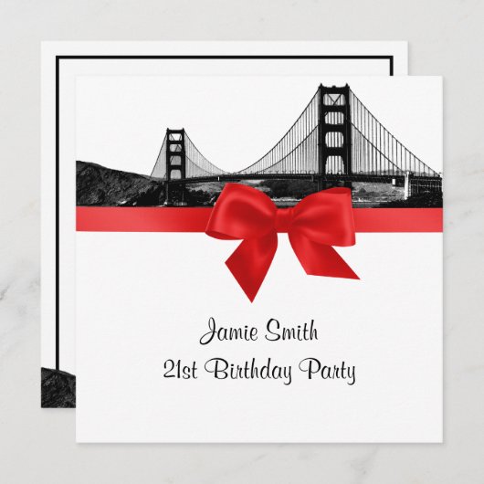 San Fran Skyline Etched BW Red SQ Birthday Party Kaart (Voorkant / Achterkant)