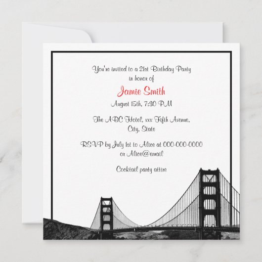 San Fran Skyline Etched BW Red SQ Birthday Party Kaart (Achterkant)