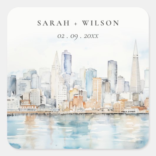 San Francisco Aquarel Landschap Bruiloft Vierkante Sticker (Voorkant)