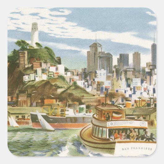 San Francisco Bay Travel Poster Ferryboat Vierkante Sticker (Voorkant)