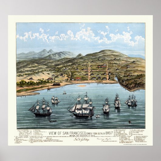 San Francisco, CA Panoramic Map - 1847 Poster (Voorkant)