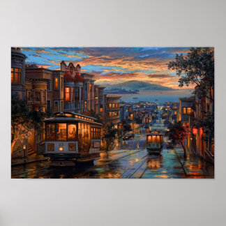 San Francisco Cable Car Sunset - Regenachtige refl Poster