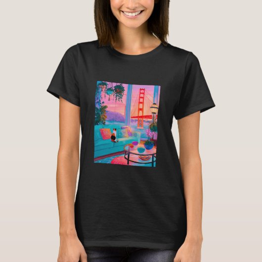 San Francisco Calico Cat GoldenGate Bridge Retro A T-shirt (Voorkant)