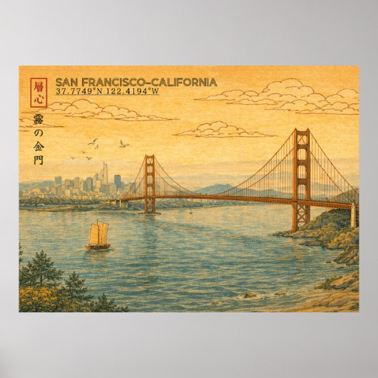 San Francisco California Skyline in Japanese Ukiyo Poster (Voorkant)