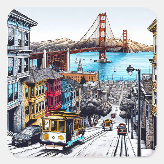 San Francisco, Californië Stripboek Style Art Vierkante Sticker (Voorkant)