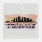 San Francisco City Skyline Latitude en lengte Glas Ornament (Achterkant)