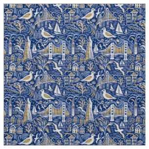 San Francisco Coastal Cityscape in Navy & Gold Stof