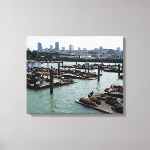 San Francisco en Pier 39 Zee Lions City Skyline Canvas Afdruk