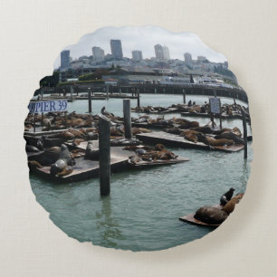 San Francisco en Pier 39 Zeeleeuwen Stadssilhouet Rond Kussen