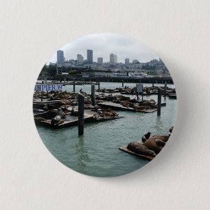 San Francisco en Pier 39 Zeeleeuwen Stadssilhouet Ronde Button 5,7 Cm