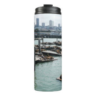 San Francisco en Pier 39 Zeeleeuwen Stadssilhouet Thermosbeker