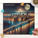 San Francisco Fantasy Nachtpuzzel Legpuzzel<br><div class="desc">Puzzel met een schilderij van een fantasy scene geïnspireerd door San Francisco,  met een volle maan 's nachts.</div>