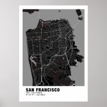 San Francisco Kaart Poster - Californië Zwart Kaar