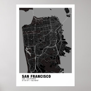San Francisco Kaart Poster - Californië Zwart Kaar