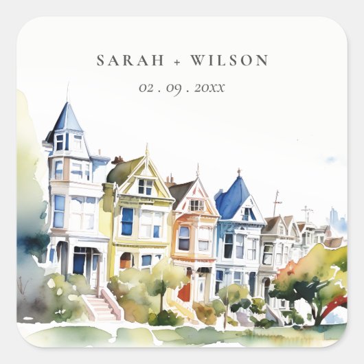San Francisco Painted Ladies Landscape Wedding Vierkante Sticker (Voorkant)