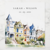 San Francisco Painted Ladies Landscape Wedding Wijn Etiket (Enkel label)