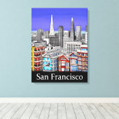 San Francisco Skyline Colored Line Art Canvas Afdruk (Insitu (Houten vloer))