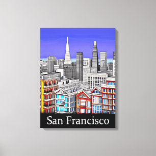 San Francisco Skyline Colored Line Art Canvas Afdruk