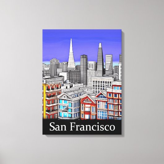 San Francisco Skyline Colored Line Art Canvas Afdruk (Voorkant)
