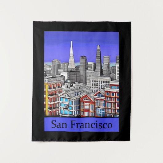 San Francisco Skyline Colored Line Art Wandkleed (Voorkant)