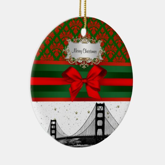 San Francisco Skyline Red Green Damask #2 Bow Xmas Keramisch Ornament (Rechts)