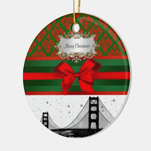 San Francisco Skyline Red Green Damask #2 Bow Xmas Keramisch Ornament (Links)
